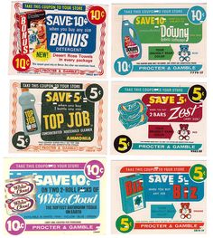 four different coupons are shown with the same price for each item in front and back