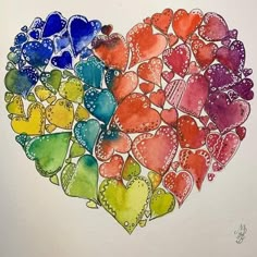 a heart made out of hearts painted in watercolor on white paper with blue, red, yellow and green colors