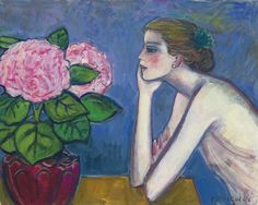 a painting of a woman sitting in front of a vase with pink flowers on it