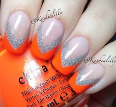 Orange And Silver Nails, Light Orange Nails, Nail Designs Orange, Orange Nails Acrylic, Nail Art Orange, Nails Nail Art Designs, March Nails, Orange Nail Designs