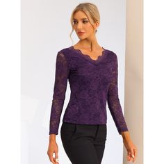 Made of lightweight semi-sheer fabric in a fitting silhouette, this elegant lace blouse is designed with a lace trim and full sleeves, which is an effortless option for weddings, night outings, or parties. A flattering deep V-neckline and long feminine sleeves, show your enchantment better. A scalloped lace trim and lace panel add a romantic feeling to this stretchy blouse, especially for teens, girls, or ladies. Slim fit design, makes you look more elegant. Perfect match mini skirts for a chic Halloween Floral, Lace Blouse Long Sleeve, Velvet Flares, Blouse Purple, Flare Long Sleeve, Sheer Long Sleeve, Puff Long Sleeves, Women's Blouses, Lace Neckline