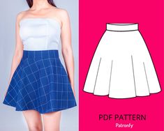 a woman in a white top and blue skirt with the pattern below her is an image of