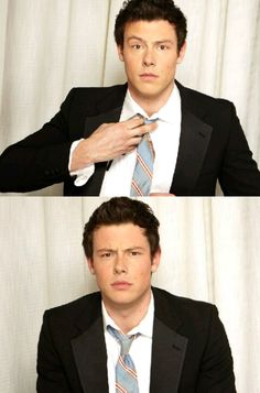 two pictures of a man in a suit and tie with his hands on his chest