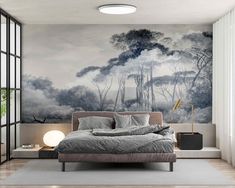 a bedroom with a large painting on the wall next to a bed and lamp in front of it