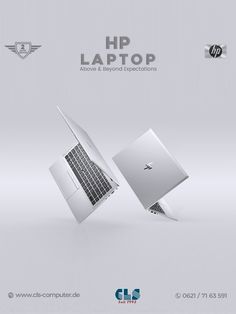 an advertisement for hp laptops with the same image as it appears to be flying through the air