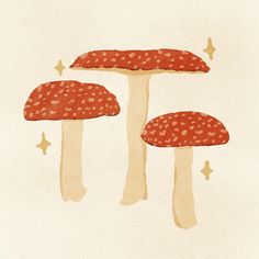 three red mushrooms with white dots on them are shown in this artistic illustration, which appears to be hand - drawn