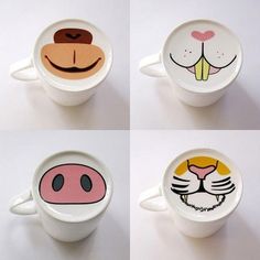 four different pictures of coffee cups with faces painted on the inside and outside of them