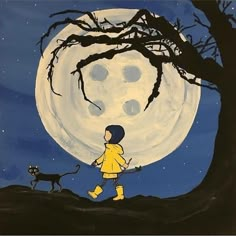 a painting of a boy walking his dog in front of a full moon with trees