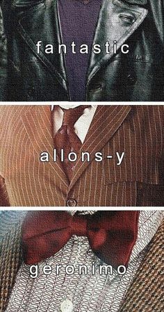 three different types of men's suits with the words fantastic, alons - y, geronimo and fantastic