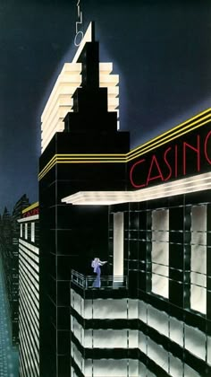 an advertisement for the casino is shown in front of a large building with a man standing on it