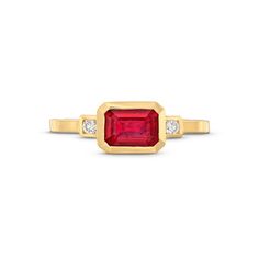 This Emerald Cut Ruby Ring is crafted in 14K yellow gold and showcases an emerald cut ruby of approximately 1.20 carats, flanked by 0.6 carats of brilliant cut diamonds on either side. Emerald Cut Ruby Ring In Yellow Gold, Emerald Cut Ruby Ring In 14k Gold, Diamonds Direct, Ruby And Diamond Ring, Diamond Education, Fine Jewelry Designers, Diamond Pendant Necklace, Mens Jewelry Bracelet, Ruby Ring