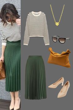 Outfit Inspo | Striped Round Neck White Jumper, Green Pleated Midi Skirt | with Brown Leather Handbag and Beige Heels | Outfit Inspiration | Casual Skirt Outfit | Casual Work Outfit Green Midi Pleated Skirt Outfit, Pleated Skirt With Belt Outfit, Skirt Snd Sweater Outfits, Forest Green Pants Outfit Work, Folded Skirt Outfit, Olive Pleated Skirt Outfit, Hunter Green Skirt Outfit, Work Fashion 2024, Green Skirt Winter Outfit