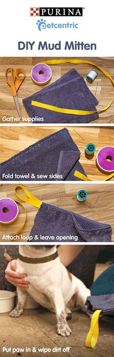 the instructions for how to make a diy mud mitten with dog toys and supplies