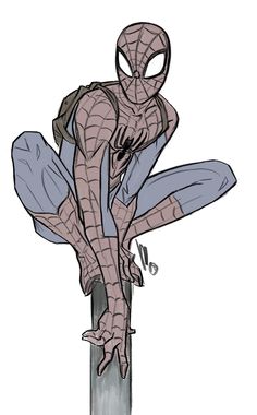 a drawing of a spider man sitting on top of a pole with his legs crossed