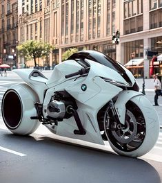 a white motorcycle is parked on the street