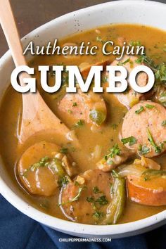 a white bowl filled with gumbo soup on top of a blue cloth