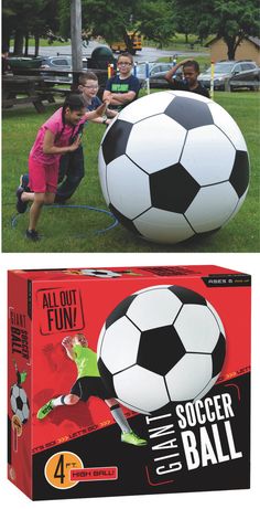 two pictures of children playing with soccer balls on the grass and in front of a box that says, all out fun