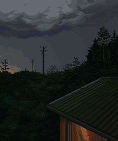 an animated image of a storm coming in from the sky over a forest at night