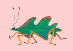 a drawing of a grasshopper on a pink background with orange and green strips running through it