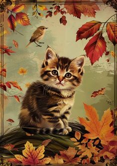 a kitten sitting on top of a pile of leaves next to a bird and tree