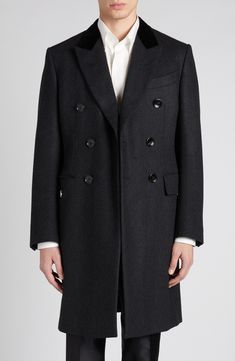 Tom Ford's contemporary elegance shines through in the masterful tailoring of this double-breasted coat crafted of wool and cashmere in a herringbone weave. Double-breasted button closure Peaked lapels Five-button cuffs Chest welt pockets; front flap pockets Lined 95% wool, 5% cashmere Dry clean Imported Designer Clothing Designer Double-breasted Formal Outerwear, Luxury Wool Peacoat With Notch Lapel, Luxury Wool Peacoat With Hidden Button Closure, Tailored Double Breasted Winter Suit With Concealed Placket, Winter Business Double Breasted Suit With Concealed Placket, Winter Double Breasted Suit With Concealed Placket For Business, Luxury Double Breasted Suit With Button Closure For Fall, Formal Wool Coat, Luxury Fitted Wool Coat With Double Button Closure