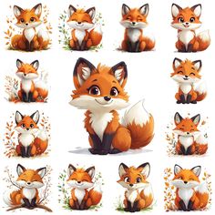 a set of cartoon foxes with different facial expressions