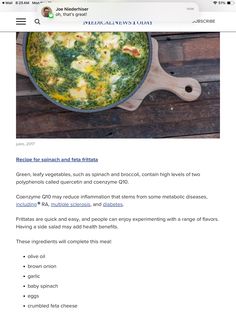 an image of a recipe on the web page for green bean and spinach frittata