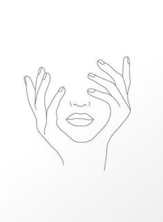 a woman's face with her hands over her eyes, drawn in one line