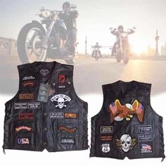 This is a perfect vest for motorcyclist enthusiasts! Want to create a layered outfit? It features 23 patches, black snaps, and laced sides. This American Eagle 23 Patches Leather Vest is skillfully designed and sewn, patchwork leather. Motorcyclist Enthusiasts! Sleeveless Leather Vest is a good choice for you. Large Hawk Patch on Back Black Rockabilly Biker Jacket For Biker Events, Black Rockabilly Biker Jacket For Streetwear, Moto Vest For Biker Events, Black Patchwork Biker Jacket For Streetwear, Black Sleeveless Biker Outerwear, Biker Style Vest For Biker Events, Black Biker Jacket For Outdoor Activities, Biker Style Vest Outerwear For Biker Events, Sleeveless Black Biker Jacket For Biker Events