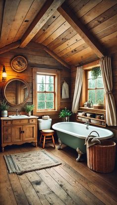 an old fashioned bathroom with wood walls and flooring, including a claw foot tub