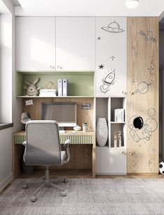 a home office with space themed wall decals