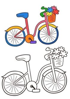 a bicycle with flowers in the basket on it's front and back wheels, coloring pages