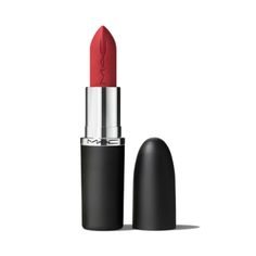 the mac cosmetics lipstick in red is shown on a white background