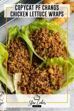 An overhead look at slow cooker copycat PF Changs lettuce wraps on a plate. Lettuce Wraps Pf Changs Recipe, Copycat Pf Changs, Slow Cooker Dinner Healthy, Pf Changs Lettuce Wraps, Pf Changs Chicken Lettuce Wraps, Vegetarian Lettuce Wraps, Lettuce Wraps Healthy, Slow Cooker Asian, Asian Chicken Lettuce Wraps