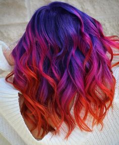 Sunset Hair Color, Pink Purple Hair, Sunset Hair, Red Ombre Hair, Fire Hair, Rave Hair, Airbrush Designs, Cute Hair Colors, Creative Hair Color