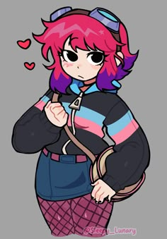 a drawing of a girl with pink hair holding a purse and looking at the camera