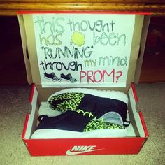 an open shoe box with shoes in it and a sign that says, this thought has been running through my mind prom