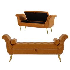 two leather couches with one open and the other closed, both have gold legs