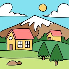 a drawing of a house in the middle of a field with trees and mountains behind it