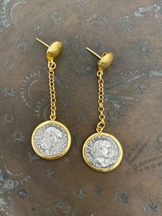 21 ct silver and gold plated brass. Ancient coin design earrings earrings length - appx  6,5 cm x 2cm Designed by our Turkish designer. Handcrafted with great care. Ancient Coin Jewelry, Ancient Coin, Coin Design, Coin Earrings, Ancient Coins, Design Earrings, Coin Jewelry, Earrings Silver, Jewelry Earrings Studs