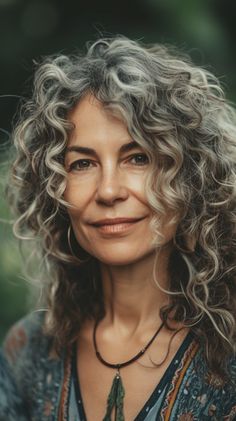 Naturally Curly Hair Over 50 Women, Curly Gray Shag Haircut, Wavy Gray Hairstyles, Silver Curly Hair Natural Curls, Gray Curly Hair Natural Curls, Curly Hairstyles For Older Women, Curly Silver Hair