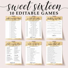 the sweet sixteen printable game is shown in gold and white with black writing on it