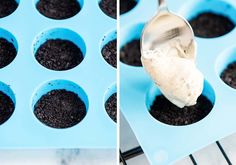 a spoon scooping ice cream out of a cupcake pan filled with oreo cookies