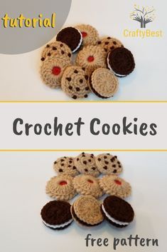 crochet cookies are arranged on a white surface