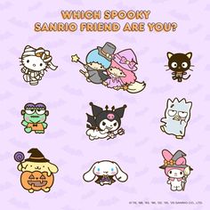 an image of various cartoon characters on a purple background with the words which spooky sanrio friend are you?