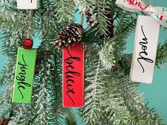 christmas ornaments hanging from a tree with pine cones