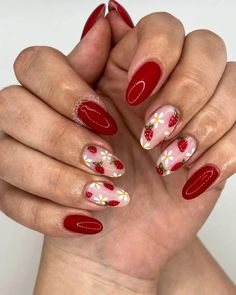 Vibrant crimson nails featuring playful strawberry and floral designs, perfect for the spring season's freshness. 🌸Click on the image to shop our Spring Gel Nail Polish Collection🌸Credit: makkspa on Instagram🌸. Strawberry nails, fruit nails, spring nail design, red nails, floral nails, summer nails, cute nail ideas, classy nails, one color nails, solid color nails, spring beauty Solid Color Nails Spring, Design Red Nails, Floral Nails Summer, Nail Ideas Classy, Crimson Nails, Nails One Color, Nail Design Red, Summer Nails Cute, Nails Fruit