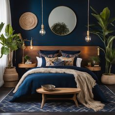 a bedroom with blue walls and plants on the nightstands in front of the bed