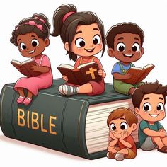 children sitting on top of a book with the word bible in front of them and reading