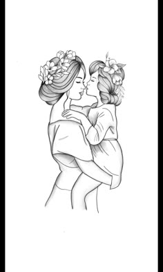 a drawing of two women hugging each other